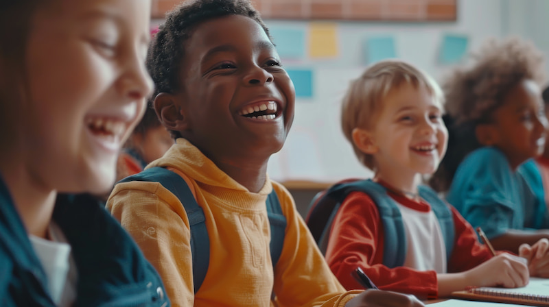 crianças em sala de aula sorrindo