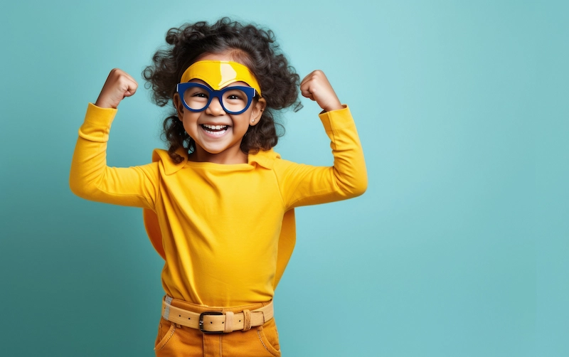 menina vestida de super heroina sorrindo