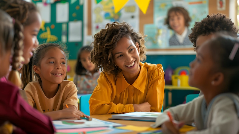 professora sentada com alunos e sorrindo