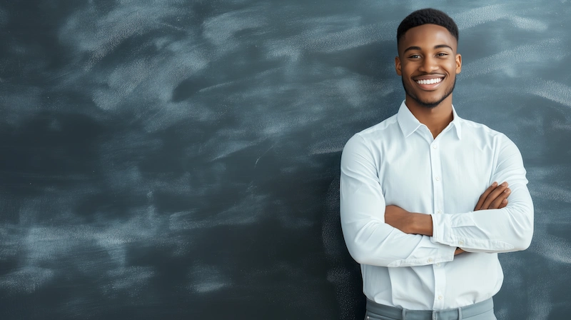 homem sorrindo em pé em frente ao quadro escolar