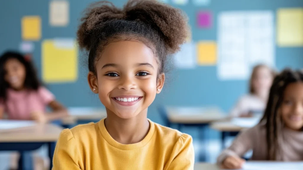 menina olhando para camera e sorrindo na sala de aula