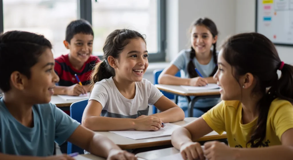 alunos em sala de aula sorrindo